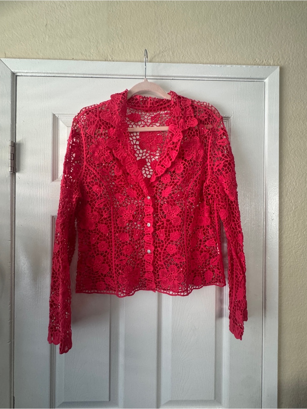 VTG Lafei Neir Pink Floral Crochet Lace Button-Down Blouse Rhinestone Accents - Picture 2 of 7